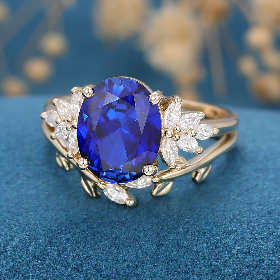 8*10mm Oval cut Sapphire Engagement ring Bridal Set 