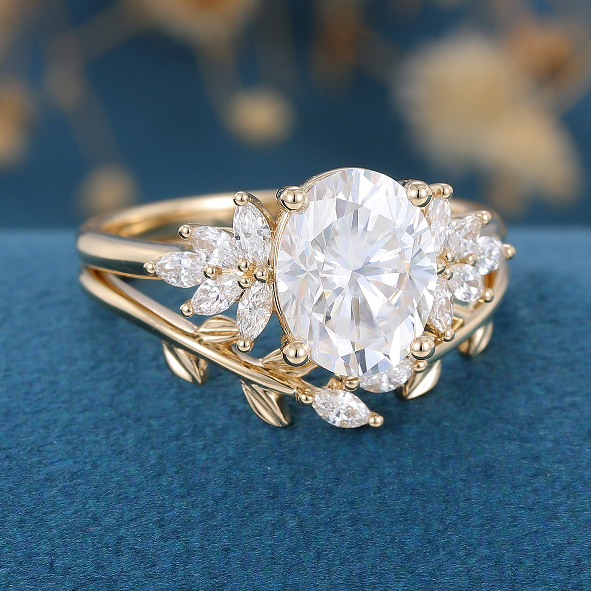 8*10mm Oval moissanite Cluster Engagement ring Bridal Set 