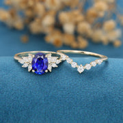 8*10mm Oval cut Sapphire Moissanite Engagement ring Bridal Set 
