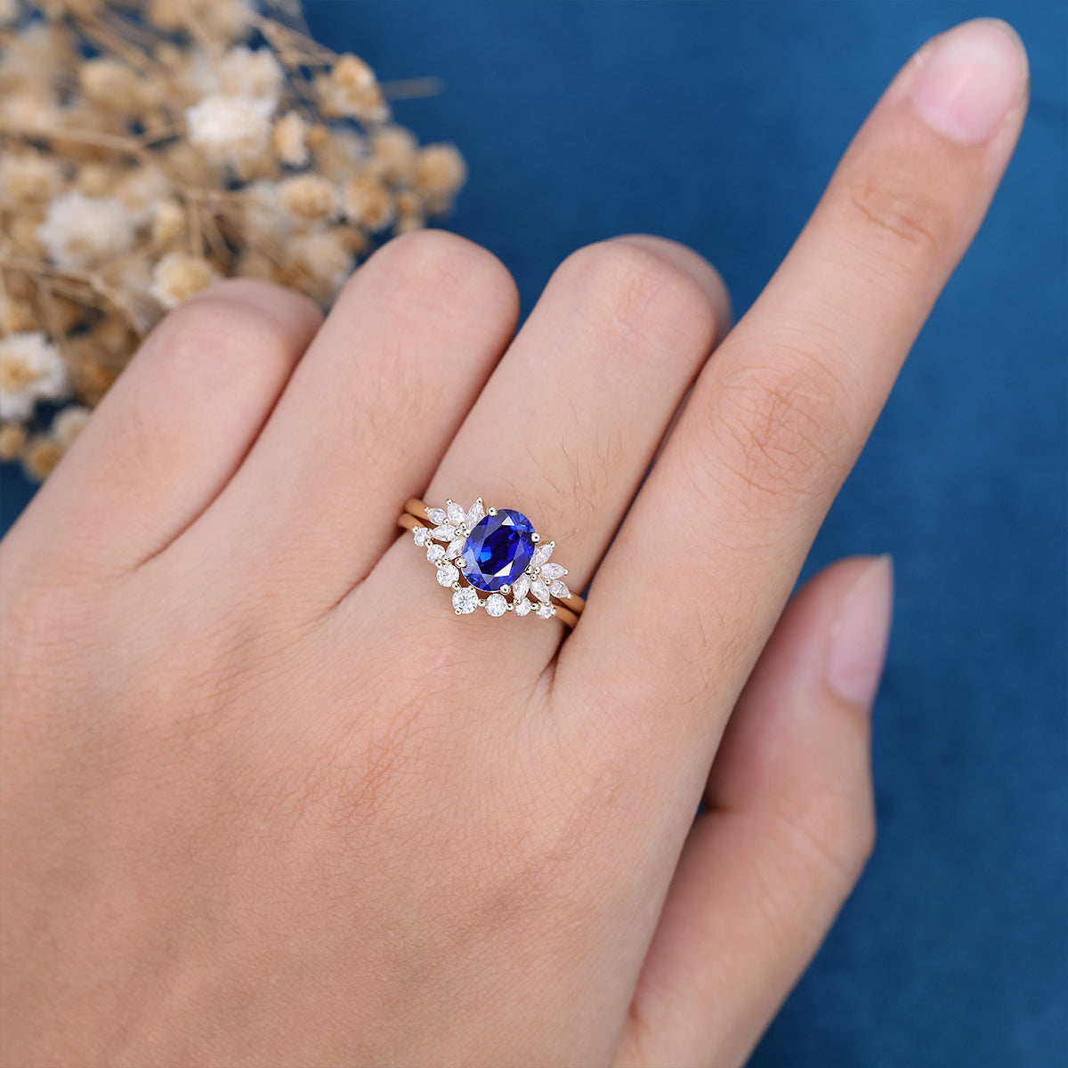 8*10mm Oval cut Sapphire Moissanite Engagement ring Bridal Set 