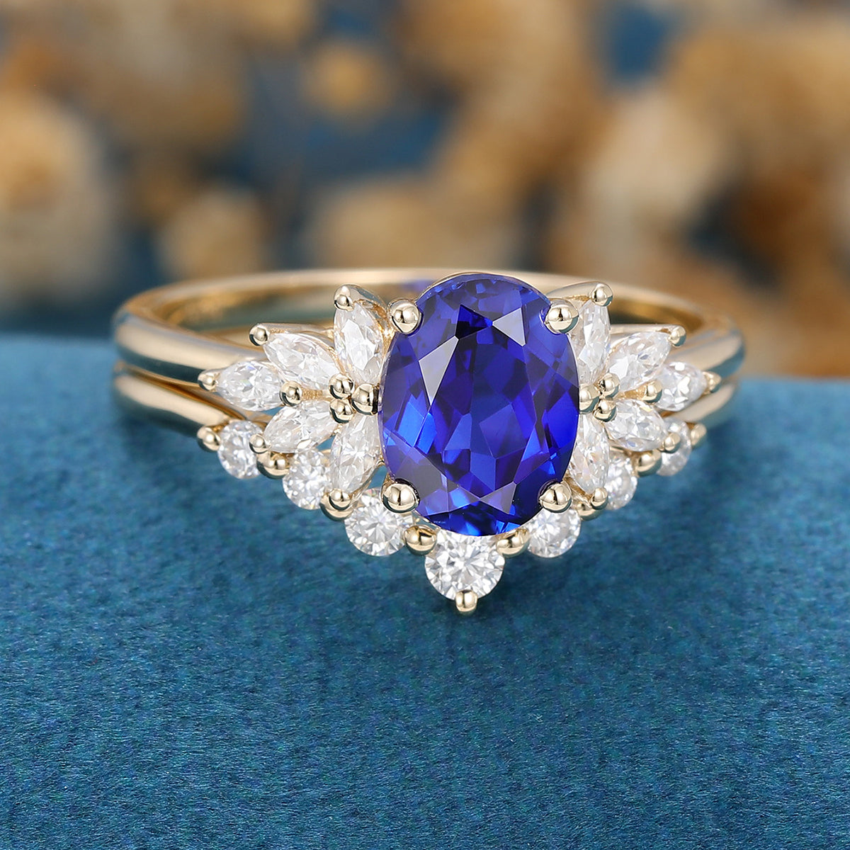 8*10mm Oval cut Sapphire Moissanite Engagement ring Bridal Set 