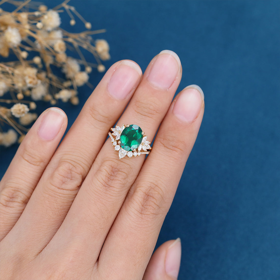 8*10mm Oval cut emerald Engagement ring Bridal Set 