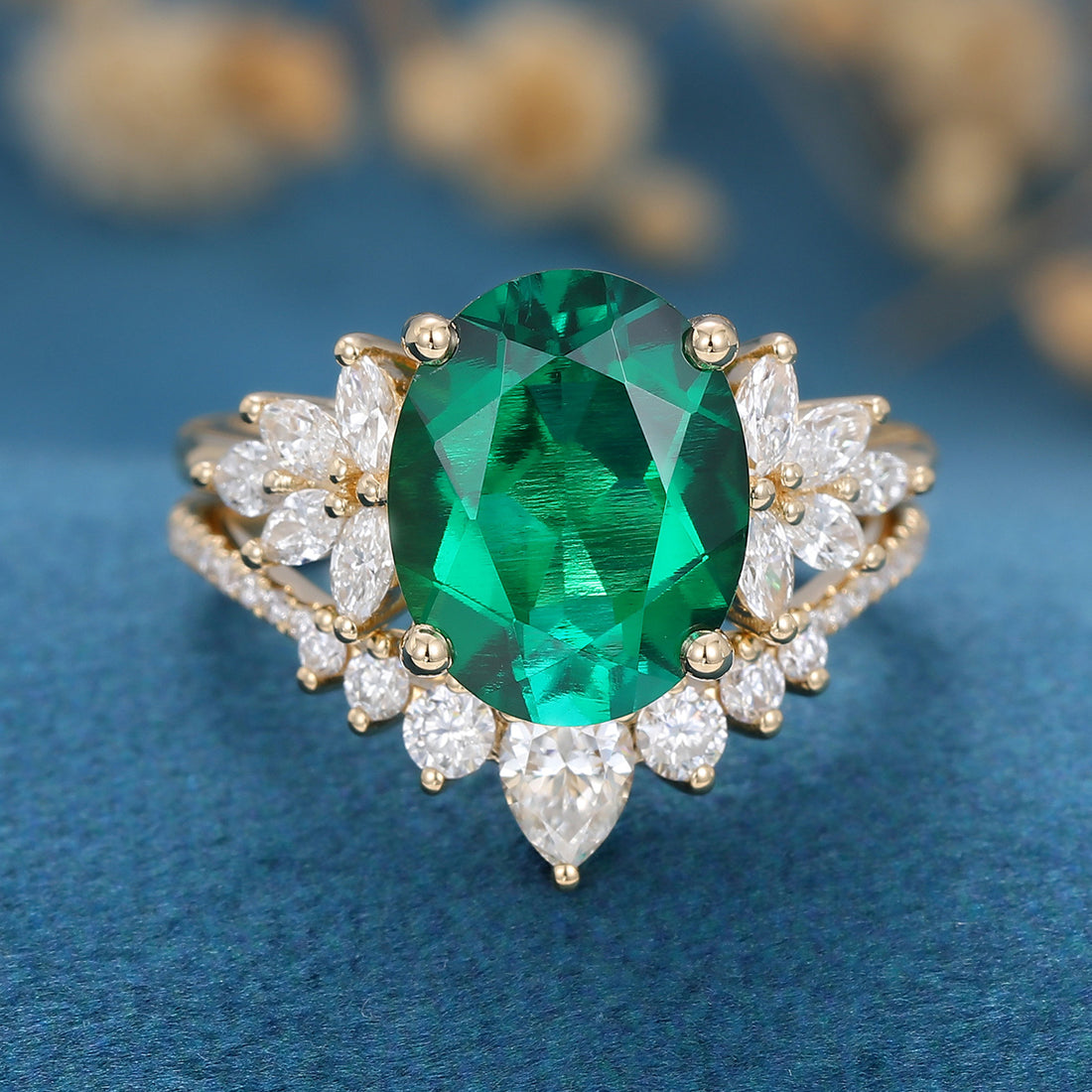 8*10mm Oval cut emerald Engagement ring Bridal Set 