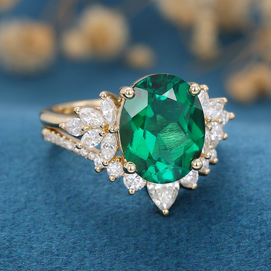 8*10mm Oval cut emerald Engagement ring Bridal Set 