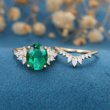 8*10mm Oval cut emerald Engagement ring Bridal Set 