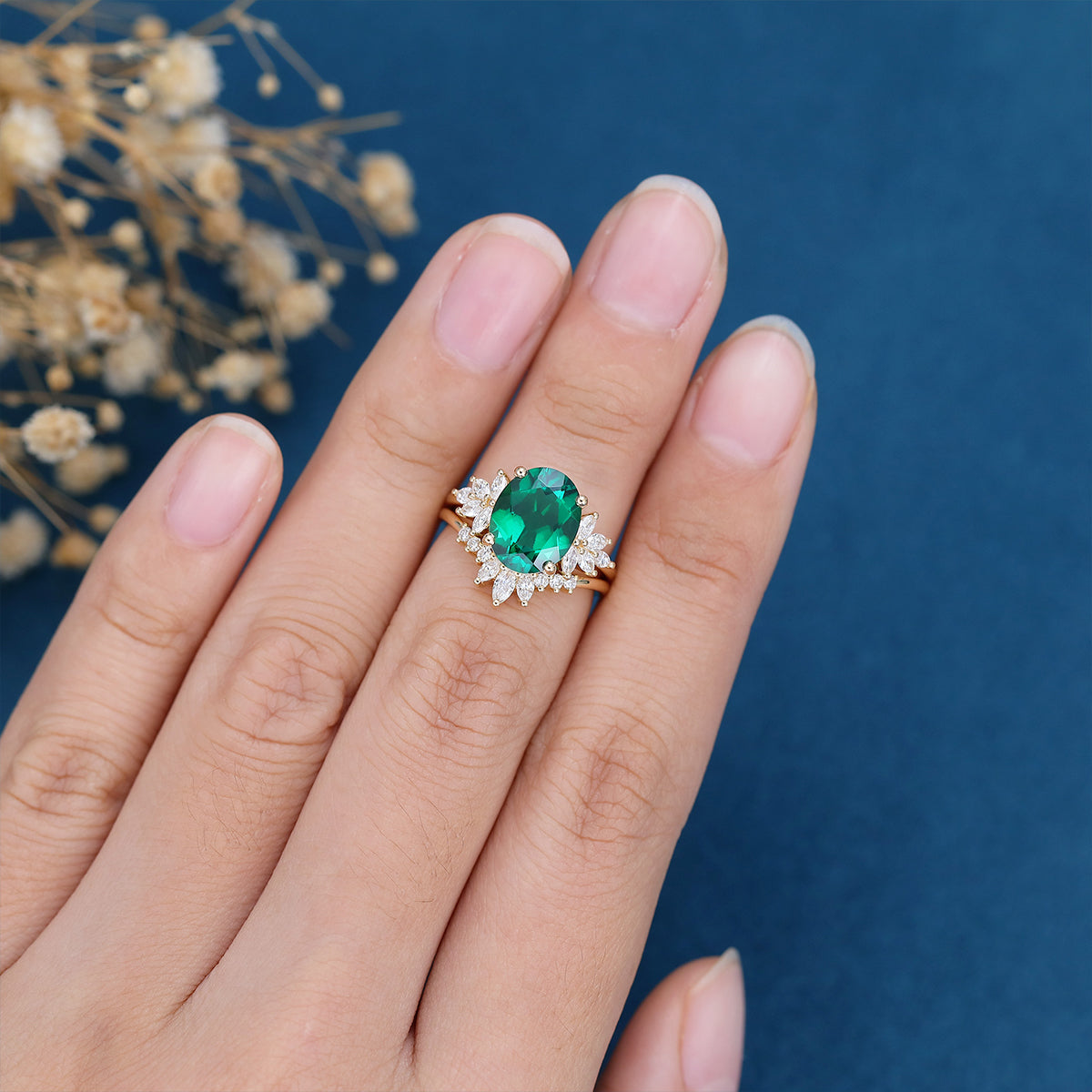 8*10mm Oval cut emerald Engagement ring Bridal Set 