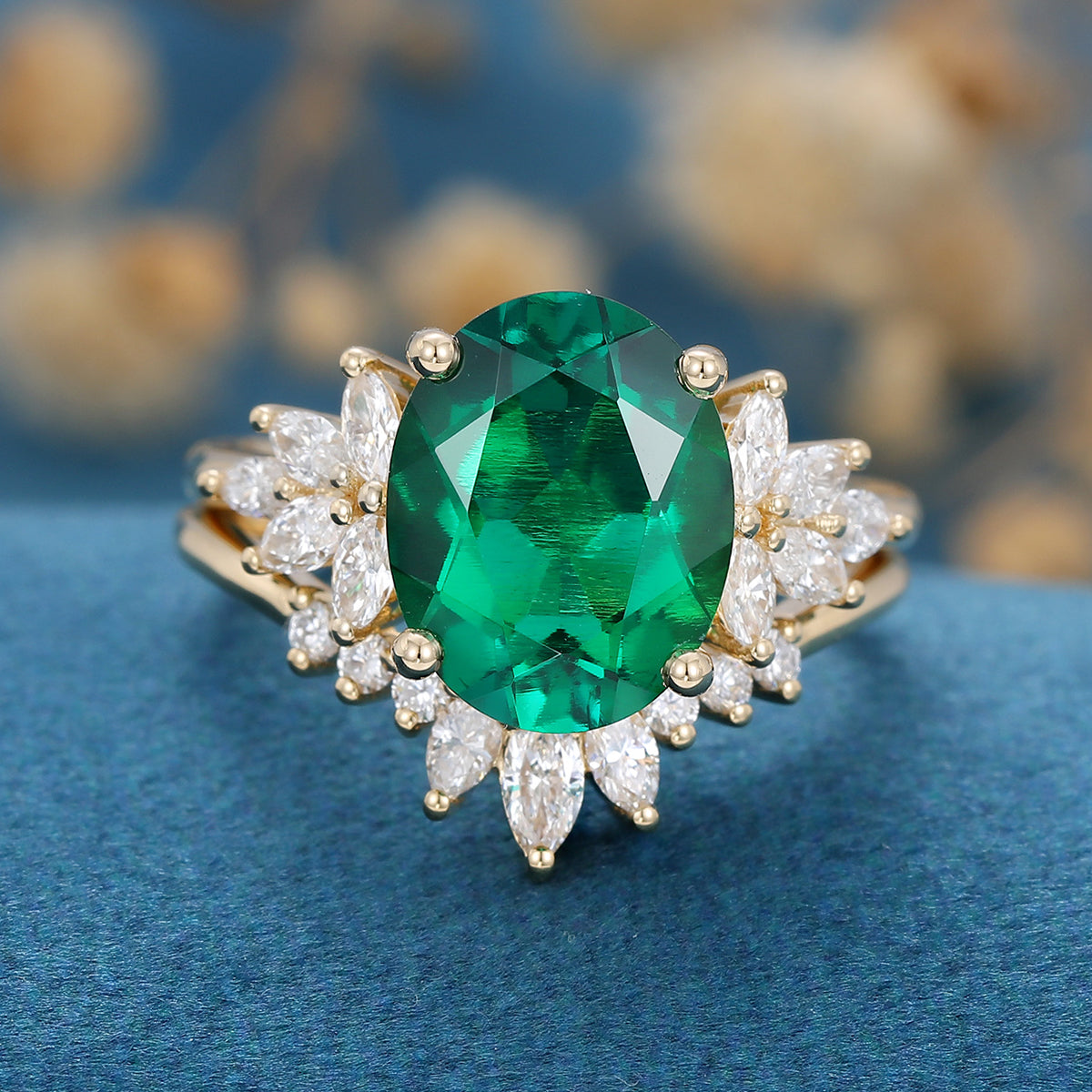 8*10mm Oval cut emerald Engagement ring Bridal Set 