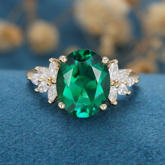 8*10mm Oval Lab emerald Cluster Engagement ring 