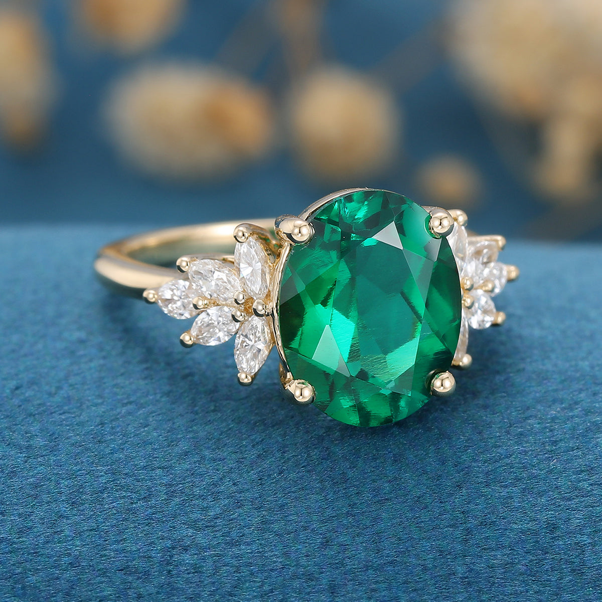 8*10mm Oval Lab emerald Cluster Engagement ring 