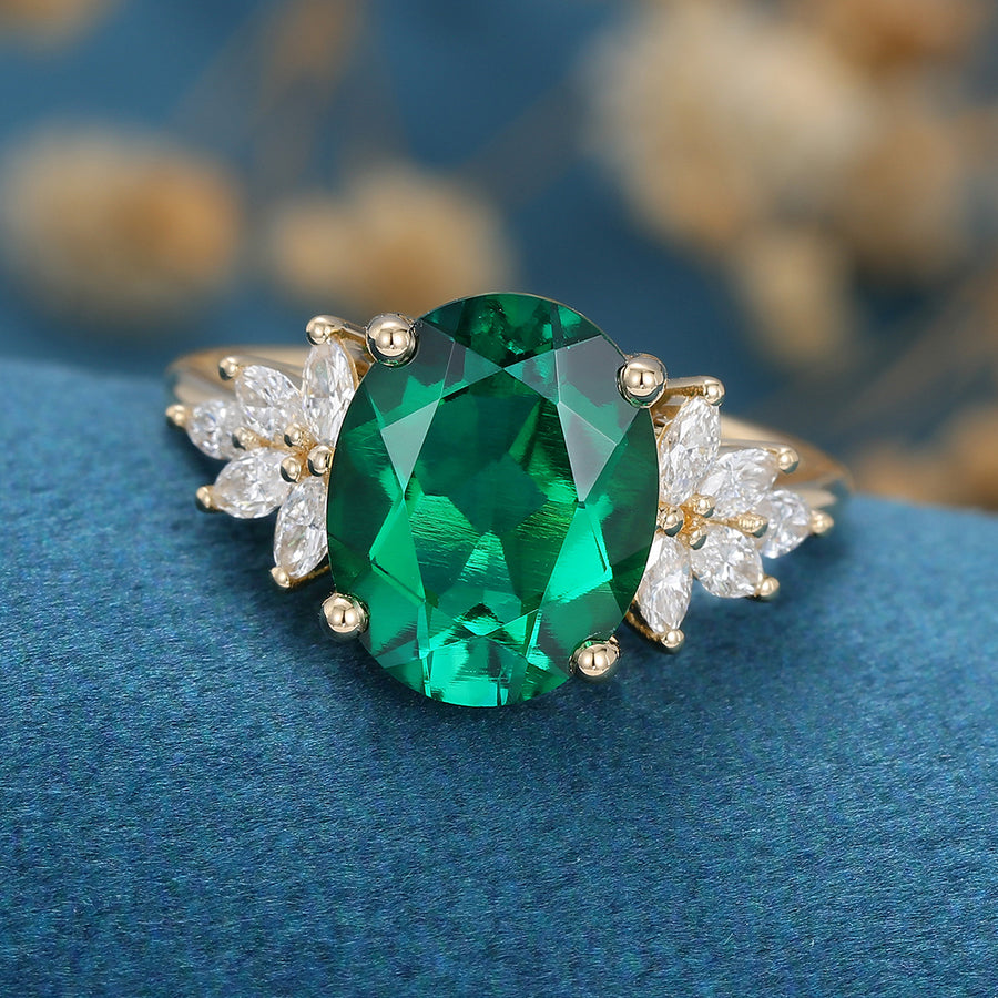 8*10mm Oval Lab emerald Cluster Engagement ring 