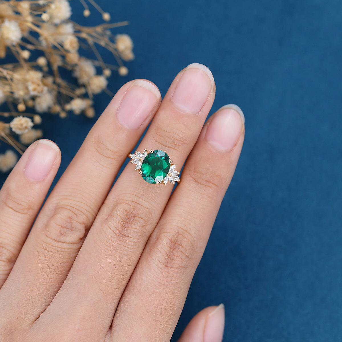 8*10mm Oval Lab emerald Cluster Engagement ring 