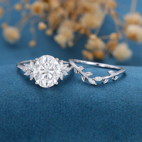 9*11mm Oval cut Moissanite Cluster Engagement ring Bridal Set 