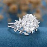 9*11mm Oval cut Moissanite Cluster Engagement ring Bridal Set 