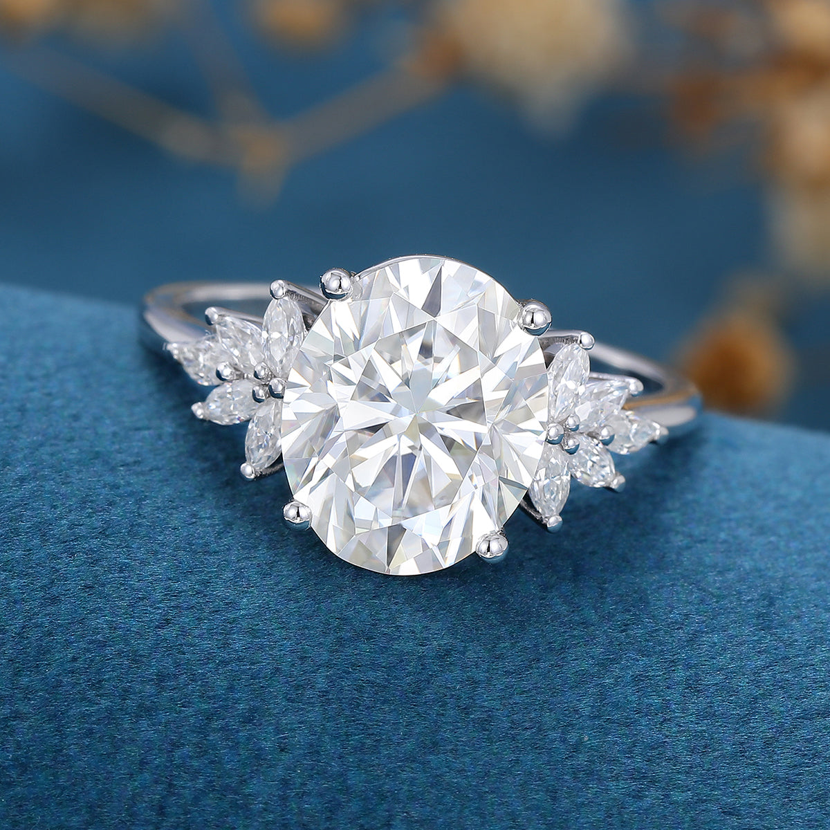 9*11mm Oval cut Moissanite Cluster Engagement ring 