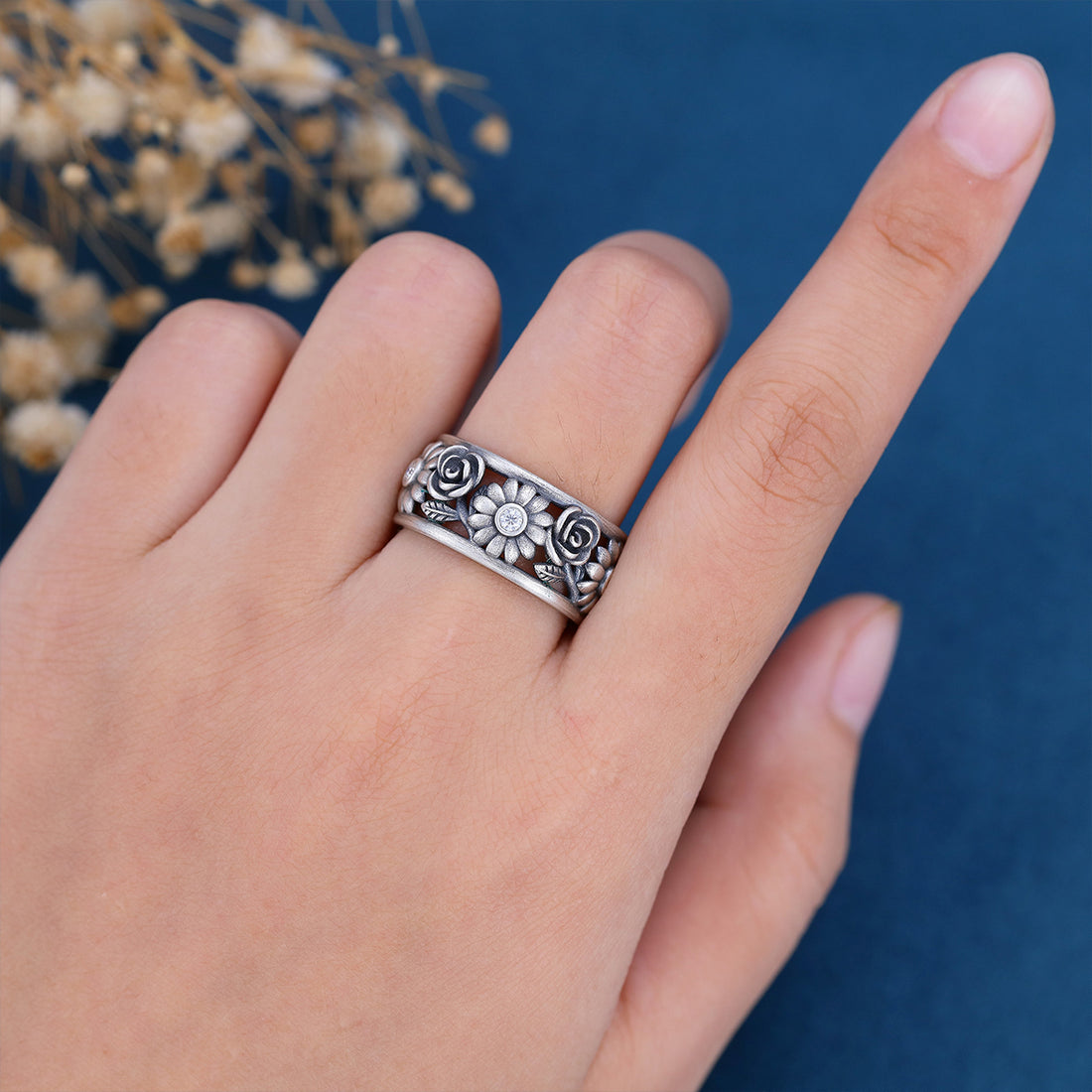 Antique Silver 925 Flower ring moissanite wedding band 