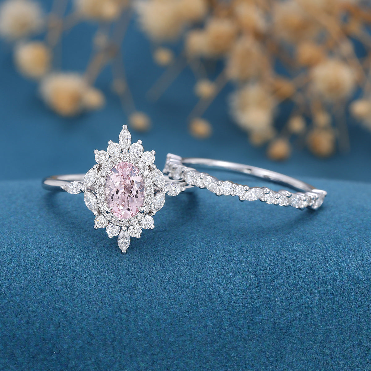2PCS Oval cut Morganite Engagement ring Bridal Set 