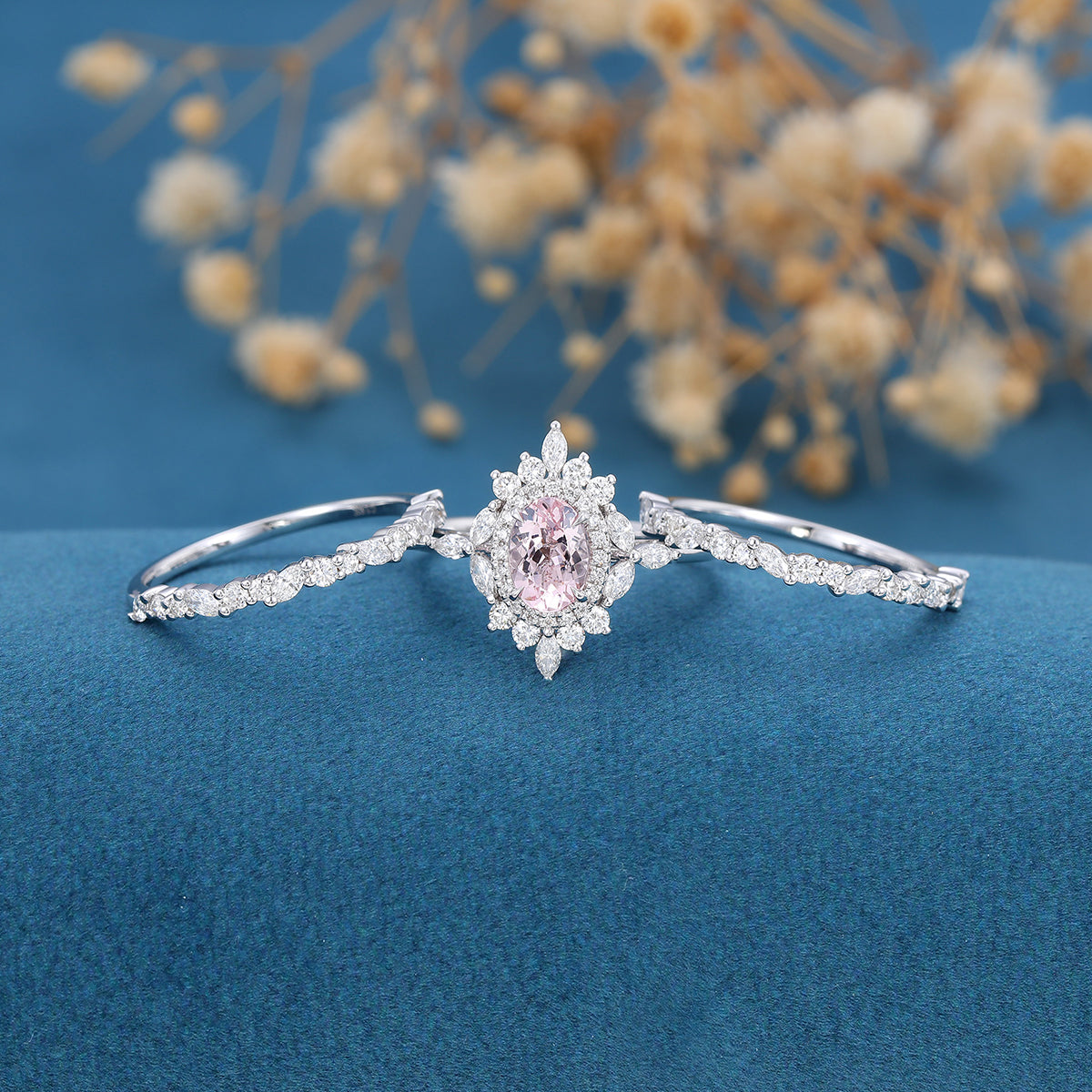 3PCS Oval cut Morganite Engagement ring Bridal Set 