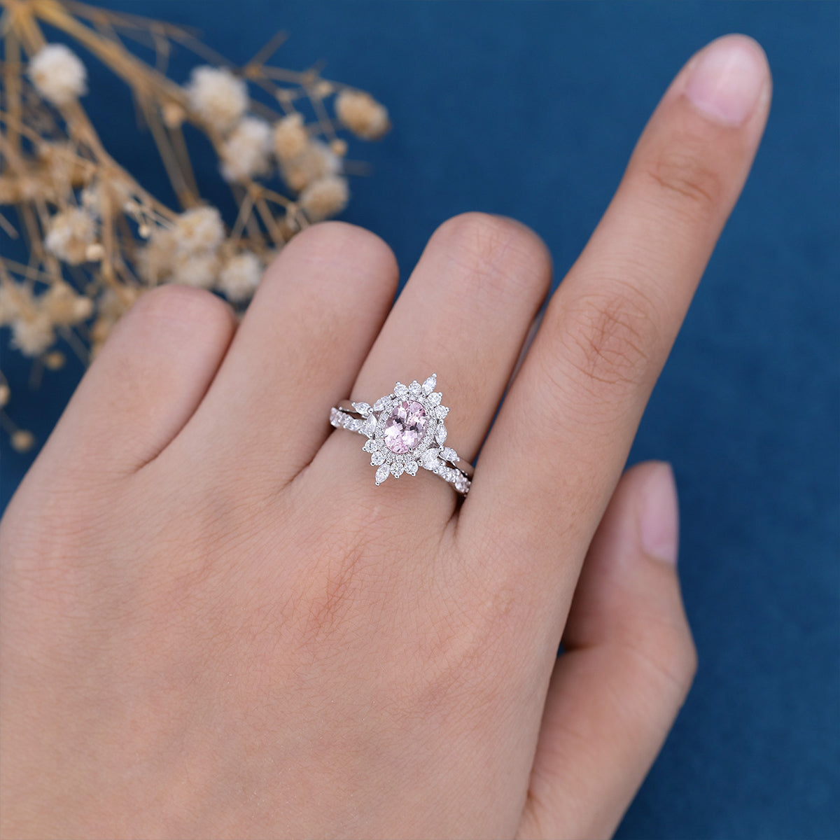 2PCS Oval cut Morganite Engagement ring Bridal Set 