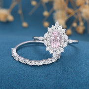 2PCS Oval cut Morganite Engagement ring Bridal Set 