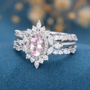 3PCS Oval cut Morganite Engagement ring Bridal Set 