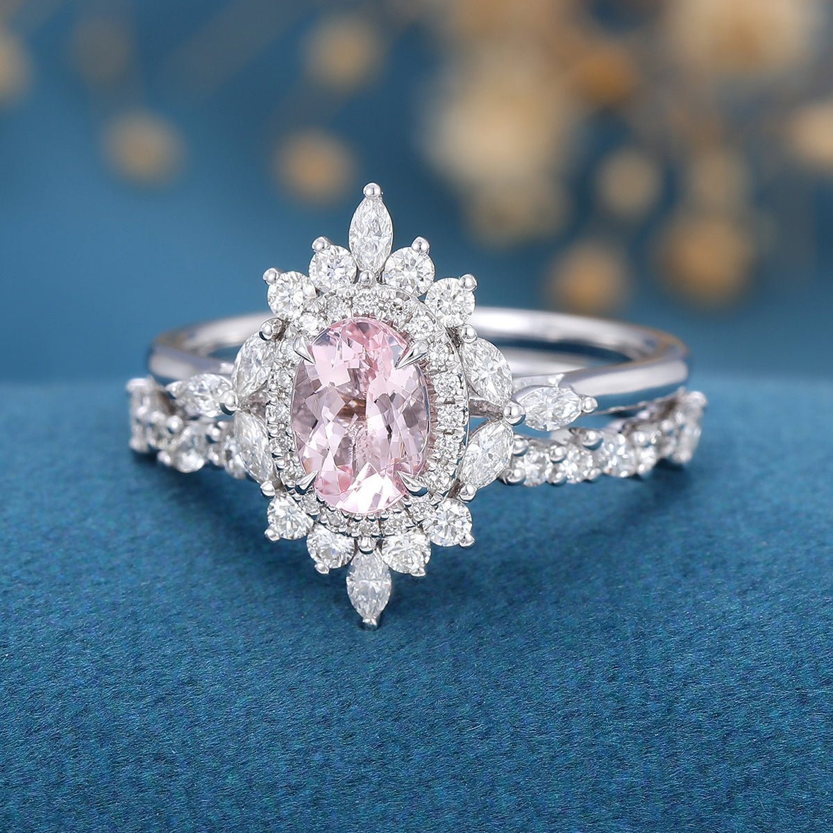 2PCS Oval cut Morganite Engagement ring Bridal Set 