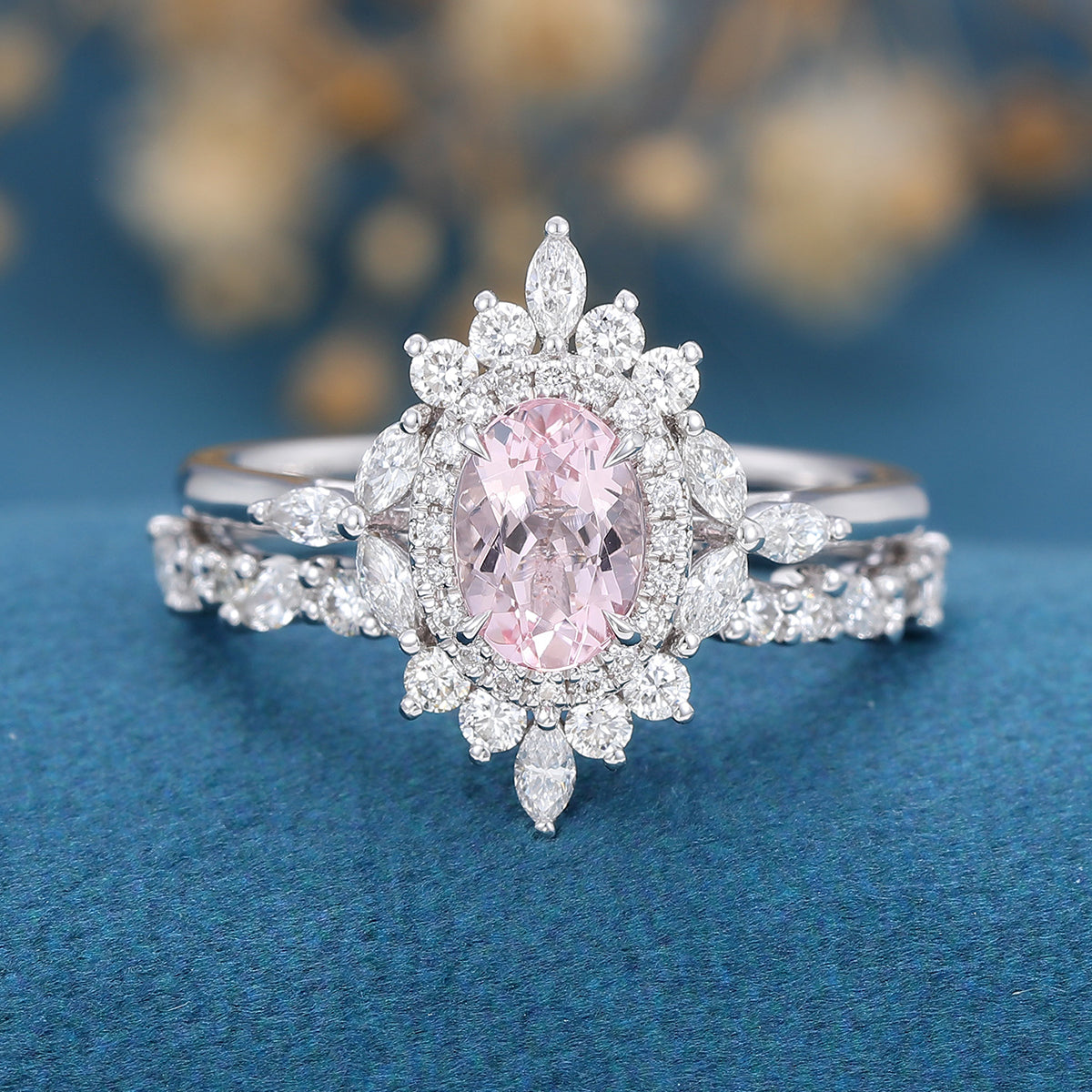 2PCS Oval cut Morganite Engagement ring Bridal Set 