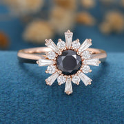 Round Black Onyx | Diamond Flower Baguette Engagement ring 