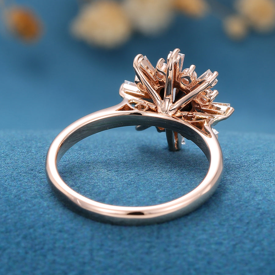 Round Black Onyx | Diamond Flower Baguette Engagement ring 