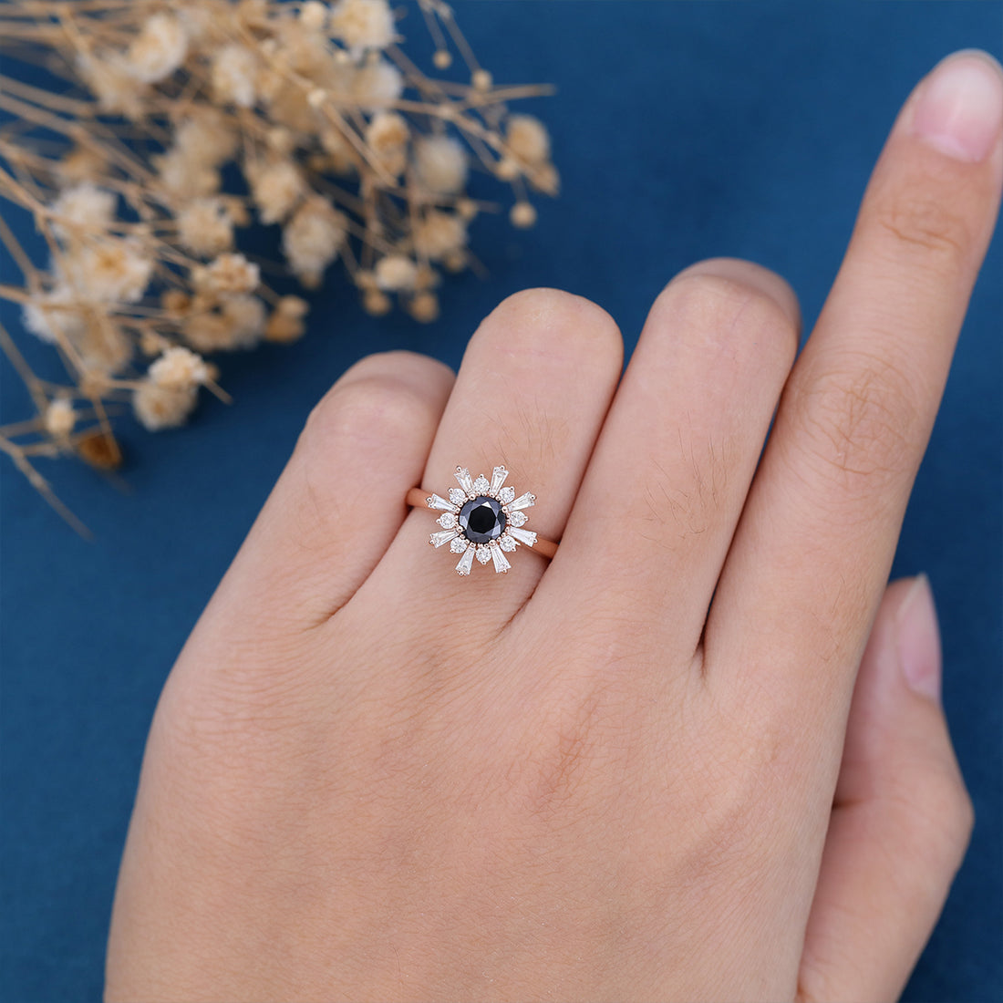 Round Black Onyx | Diamond Flower Baguette Engagement ring