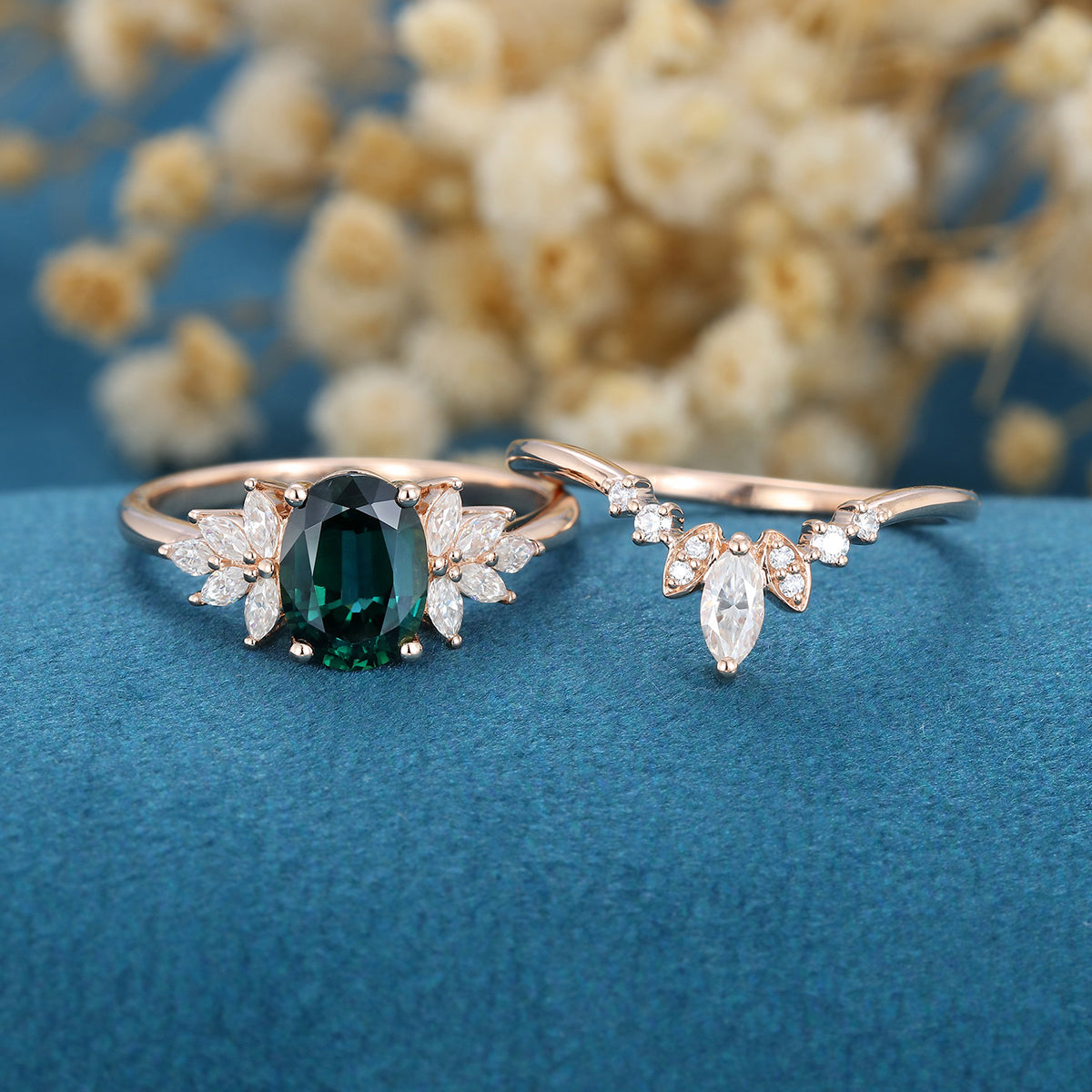 Oval Blue-Green Sapphire Cluster Engagement ring Bridal Set 