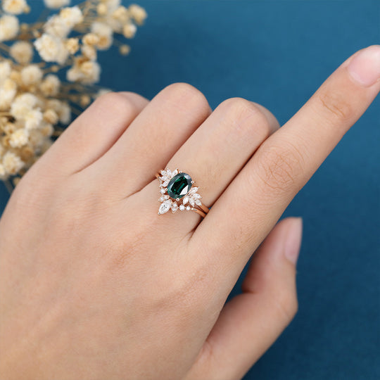 Oval Blue-Green Sapphire Cluster Engagement ring Bridal Set 