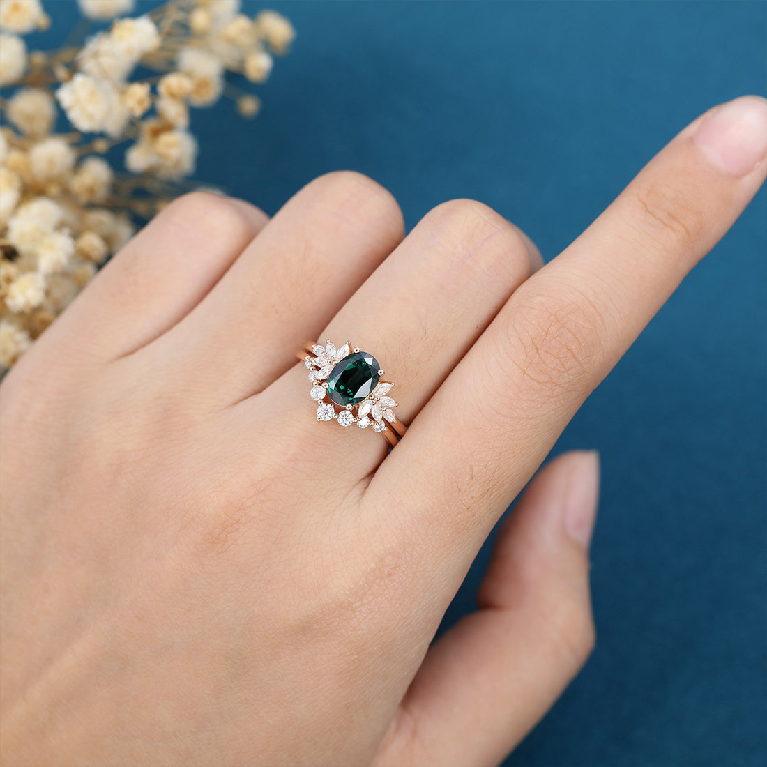 Oval Blue-Green Sapphire Cluster Engagement ring Bridal Set
