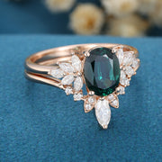 Oval Blue-Green Sapphire Cluster Engagement ring Bridal Set 