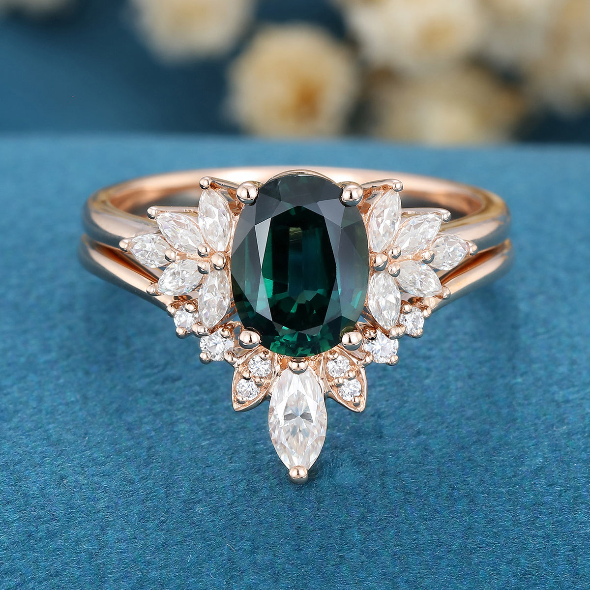 Oval Blue-Green Sapphire Cluster Engagement ring Bridal Set 