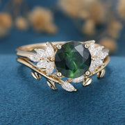 Round cut Blue green sapphire Engagement ring Bridal Set 