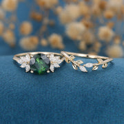 Round cut Blue green sapphire Engagement ring Bridal Set 