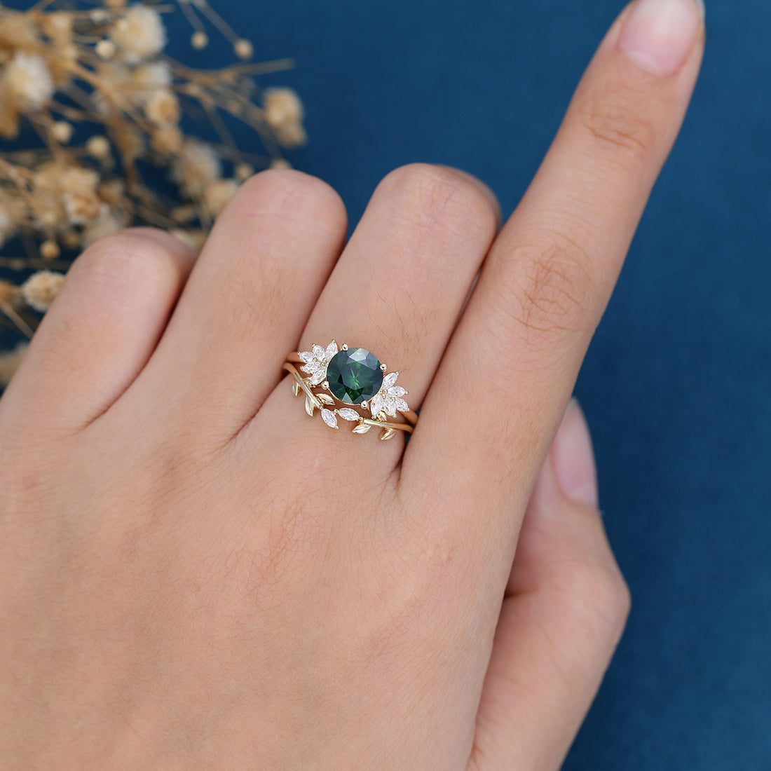 Round cut Blue green sapphire Engagement ring Bridal Set