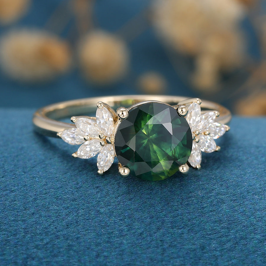 Round Blue green sapphire Cluster Engagement ring 