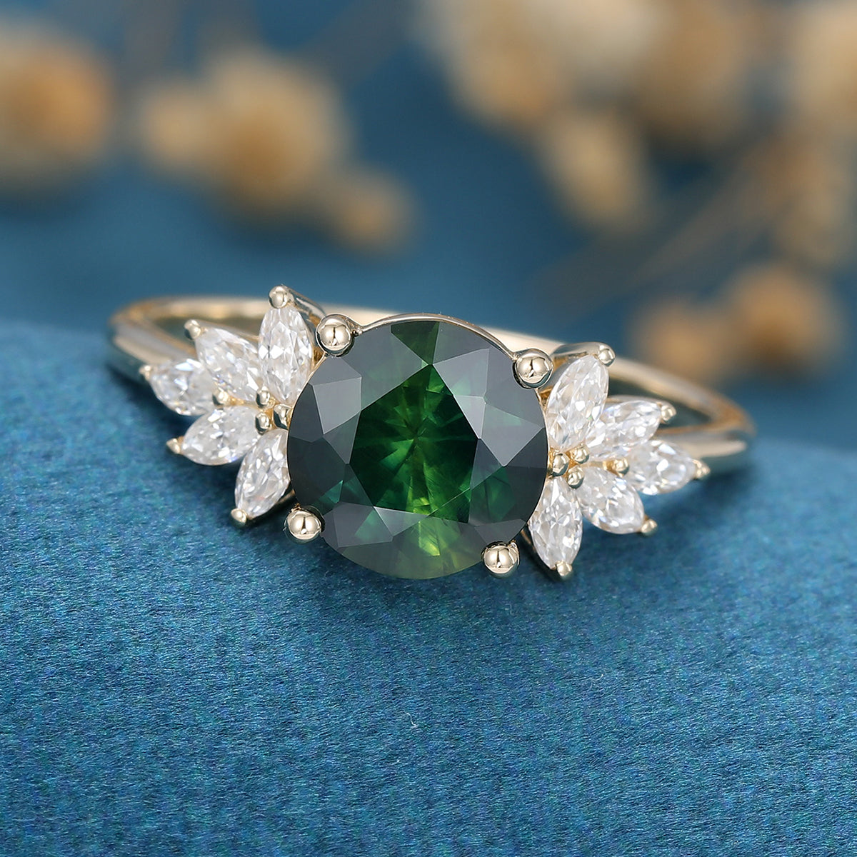 Round Blue green sapphire Cluster Engagement ring 
