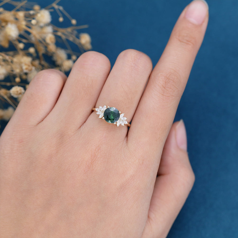 Round Blue green sapphire Cluster Engagement ring 