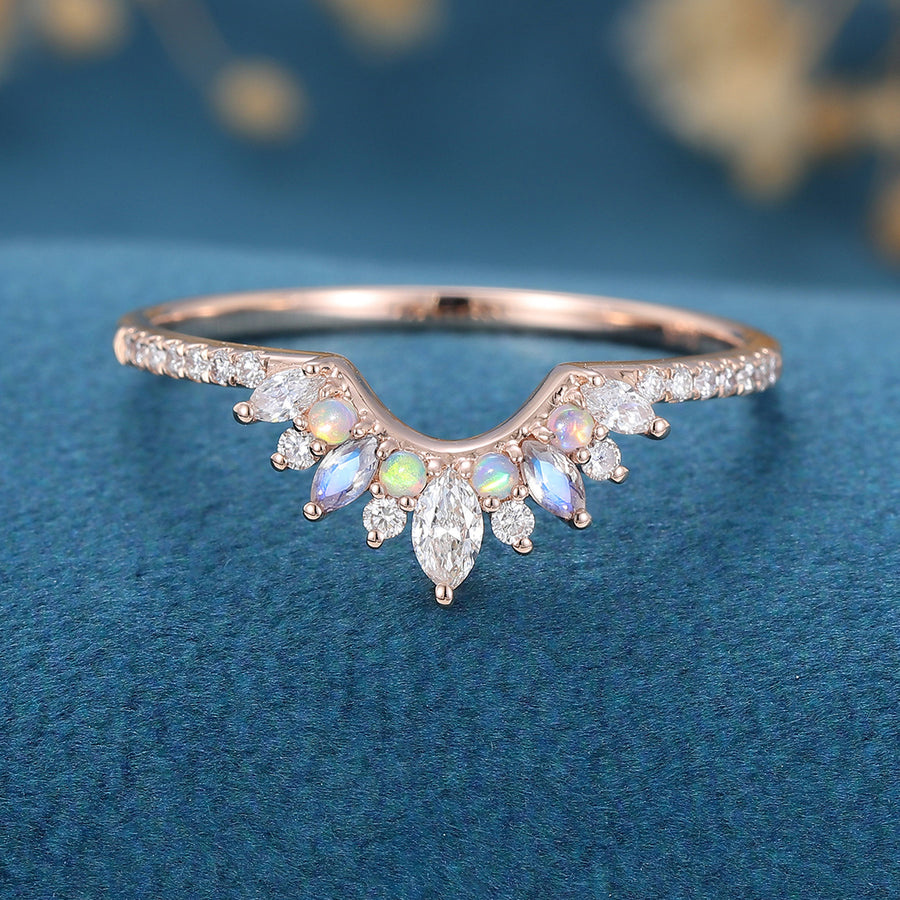 Moissanite | Opal | Moonstone Curved Wedding Band Ring 