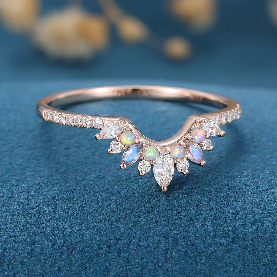 Moissanite | Opal | Moonstone Curved Wedding Band Ring 