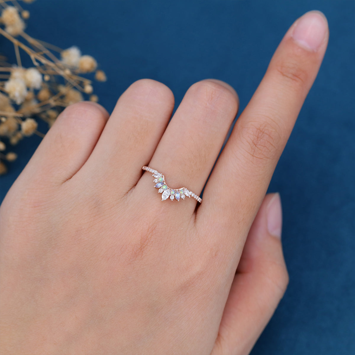 Moissanite | Opal | Moonstone Curved Wedding Band Ring 