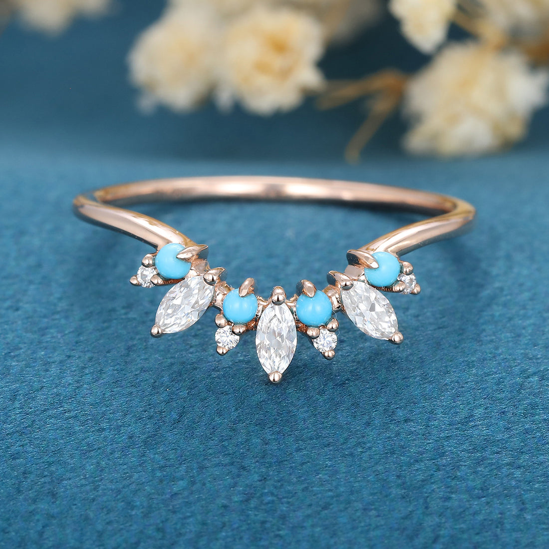 Marquise cut Moissanite /diamond | Turquoise Curved Wedding Band Ring 