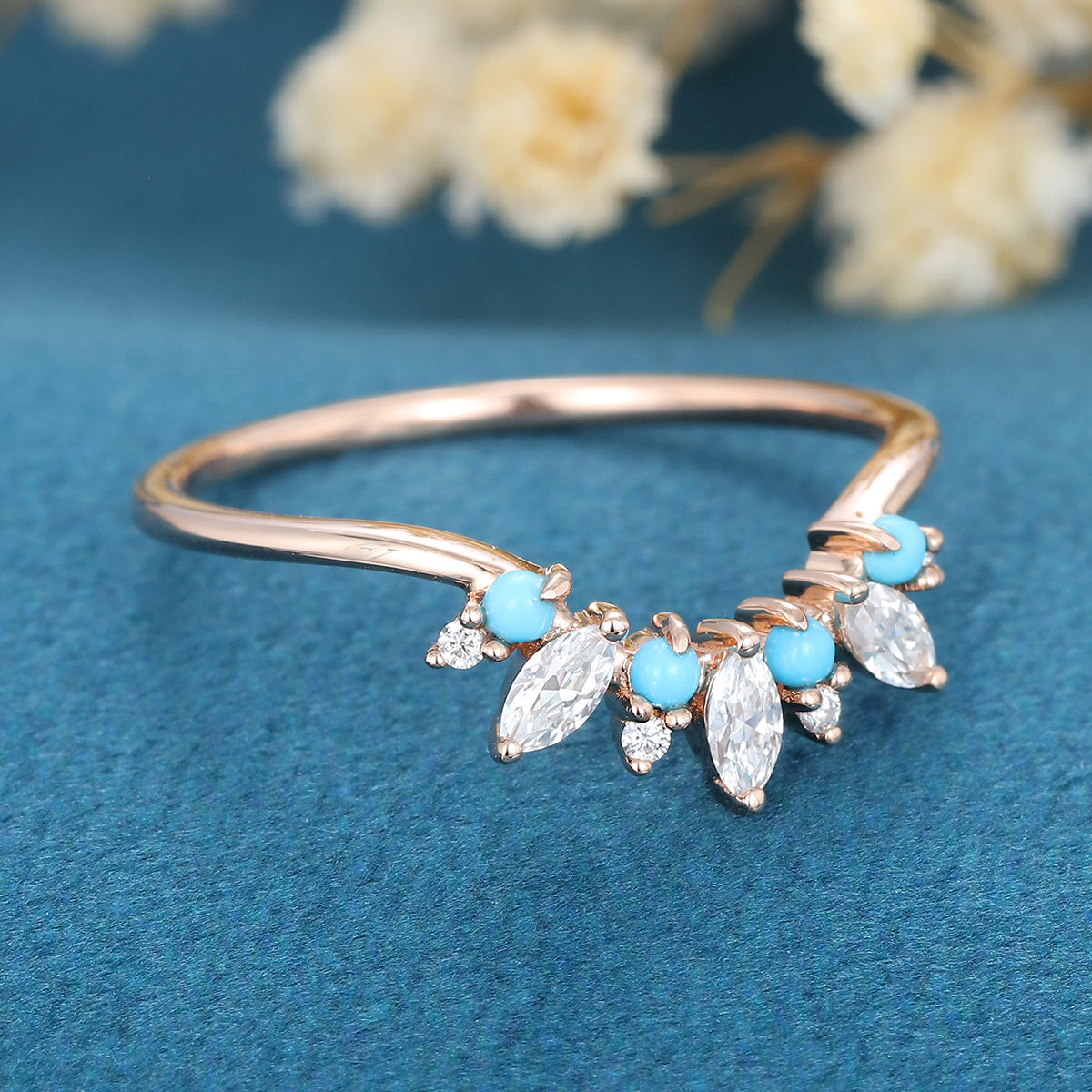 Marquise cut Moissanite /diamond | Turquoise Curved Wedding Band Ring 