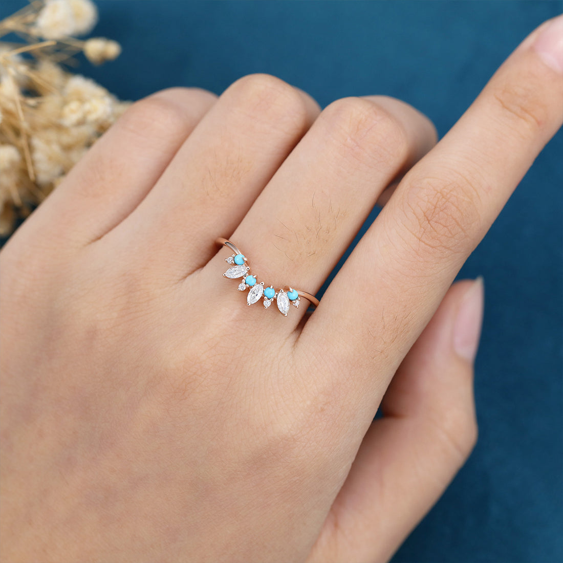Marquise cut Moissanite /diamond | Turquoise Curved Wedding Band Ring 