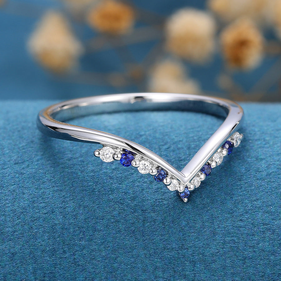 Natural Sapphire | Diamond Curved Wedding Band Ring 