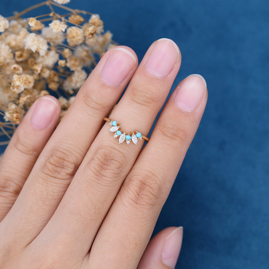 Marquise Moissanite/diamond | Turquoise Curved Wedding Band Ring