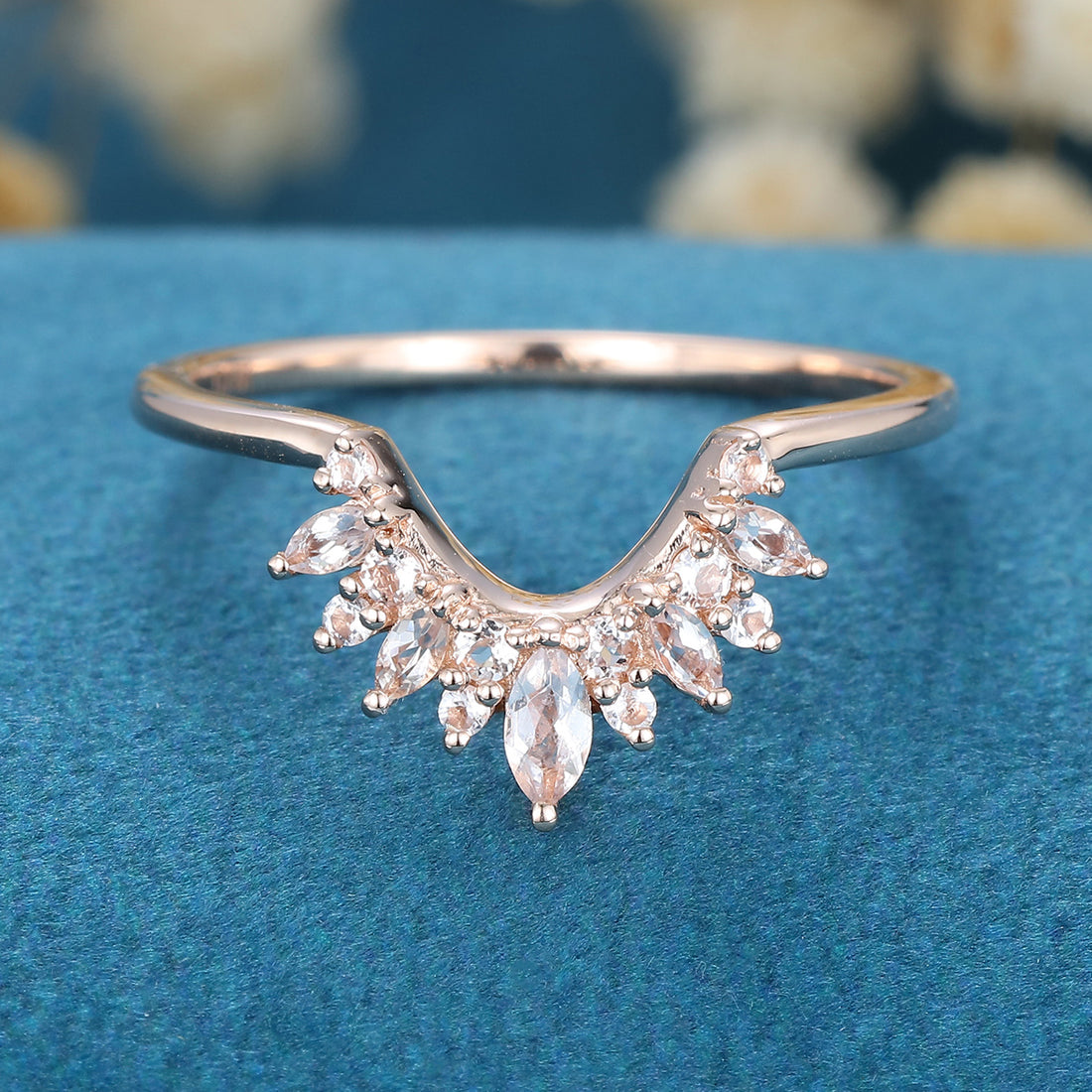 Marquise cut moonstone | Round Diamond Curved Wedding Band Ring 
