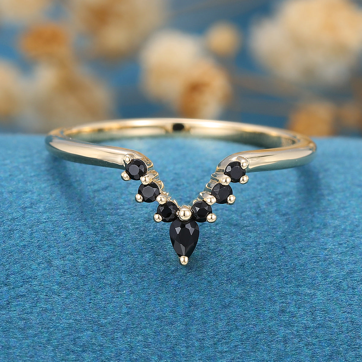 Pear cut Black onyx Curved Wedding Band Ring 